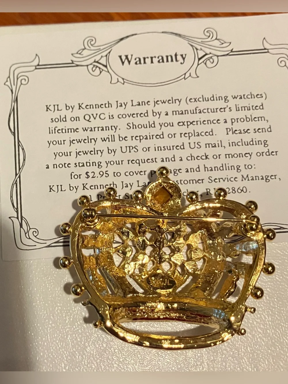 NEW Vintage Kenneth Jay Lane  Gold-Tone Crown Brooch with Red and Green Accents
